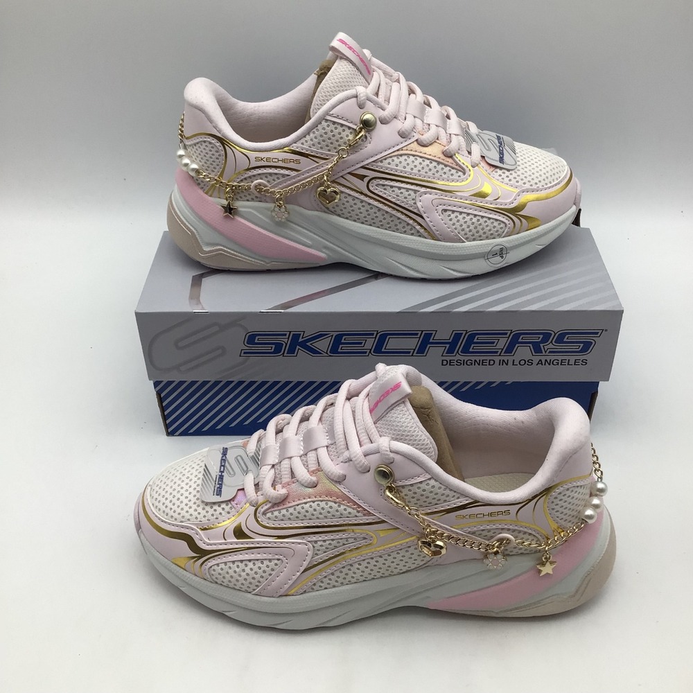 Skechers S2K Street Ready Kids Pink Gold Charm Sneakers 303871L PKMT Size 2 NEW